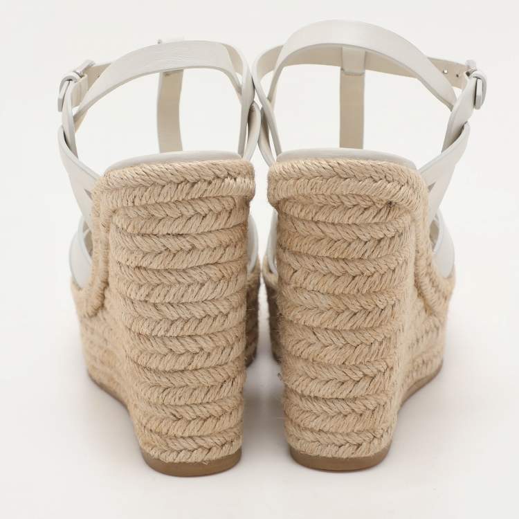 Pre Owned Saint Laurent White Leather Tribute Wedge Espadrille Sandals Size 36.5