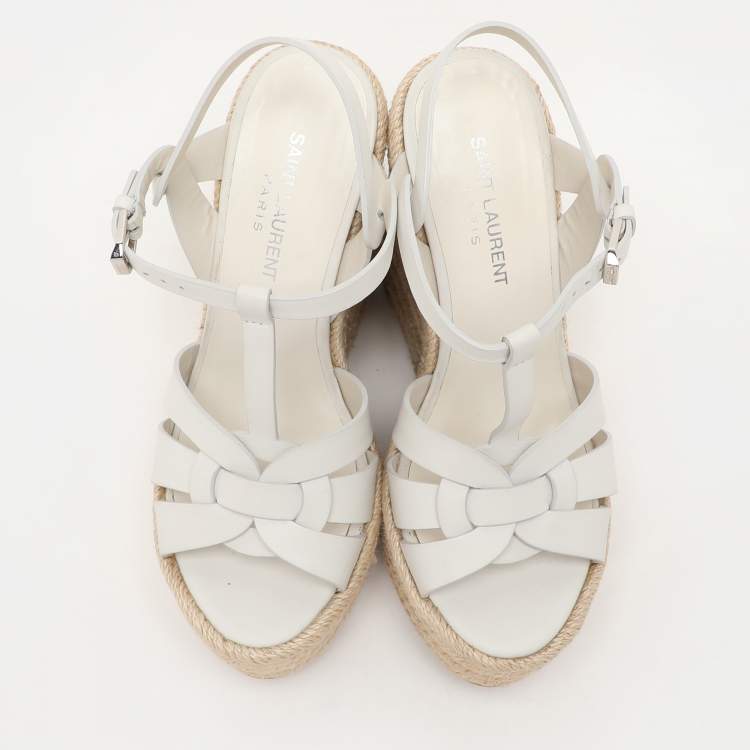 Pre Owned Saint Laurent White Leather Tribute Wedge Espadrille Sandals Size 36.5