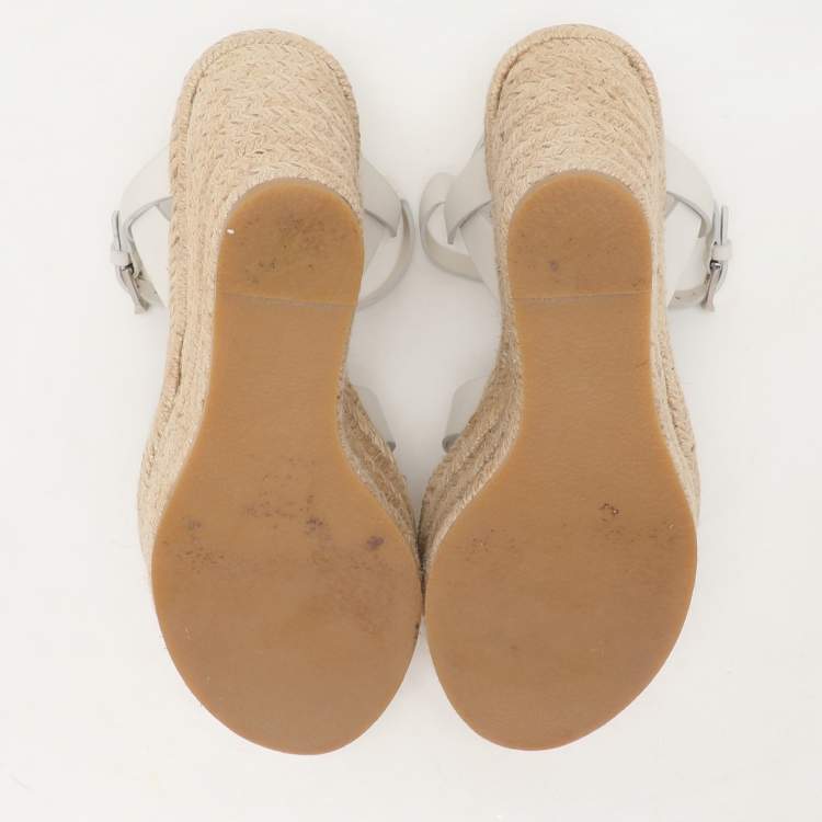Pre Owned Saint Laurent White Leather Tribute Wedge Espadrille Sandals Size 36.5