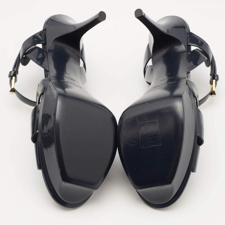 Pre Owned Saint Laurent Navy Blue Patent Leather Tribute Platform Sandals Size 40