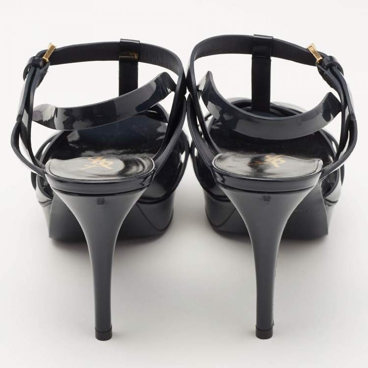 Pre Owned Saint Laurent Navy Blue Patent Leather Tribute Platform Sandals Size 40