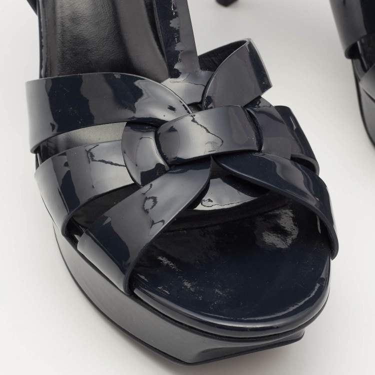Pre Owned Saint Laurent Navy Blue Patent Leather Tribute Platform Sandals Size 40