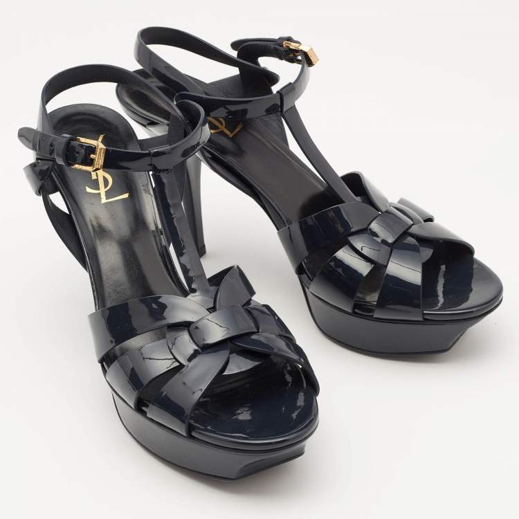 Pre Owned Saint Laurent Navy Blue Patent Leather Tribute Platform Sandals Size 40