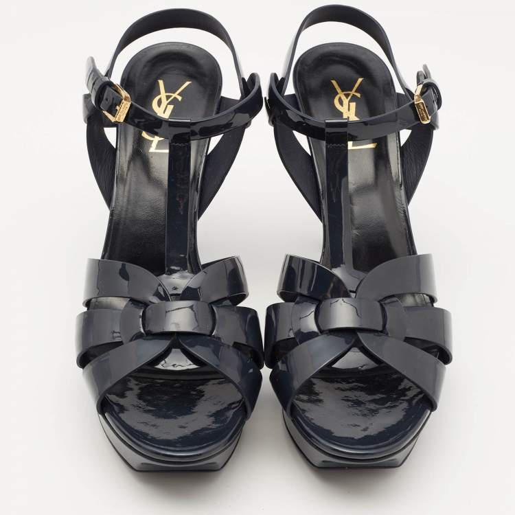 Pre Owned Saint Laurent Navy Blue Patent Leather Tribute Platform Sandals Size 40