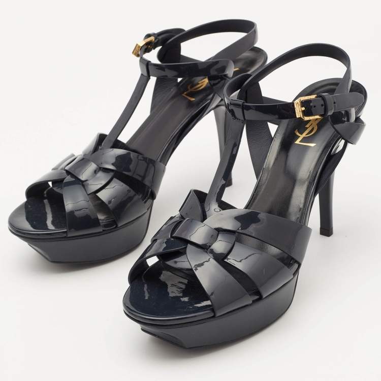 Pre Owned Saint Laurent Navy Blue Patent Leather Tribute Platform Sandals Size 40