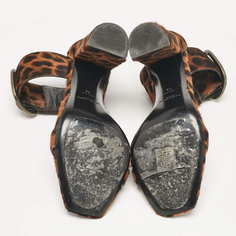 Pre Owned Saint Laurent Brown Leopard Print Calf Hair Ankle Strap Block Heel Sandals Size 39