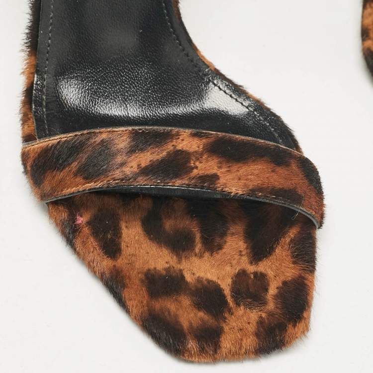 Pre Owned Saint Laurent Brown Leopard Print Calf Hair Ankle Strap Block Heel Sandals Size 39