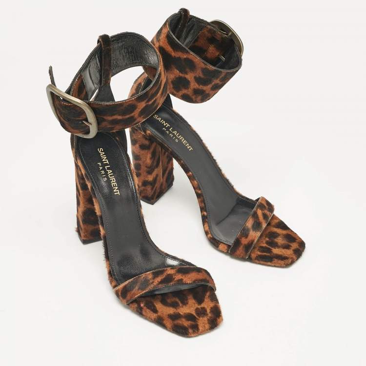 Pre Owned Saint Laurent Brown Leopard Print Calf Hair Ankle Strap Block Heel Sandals Size 39