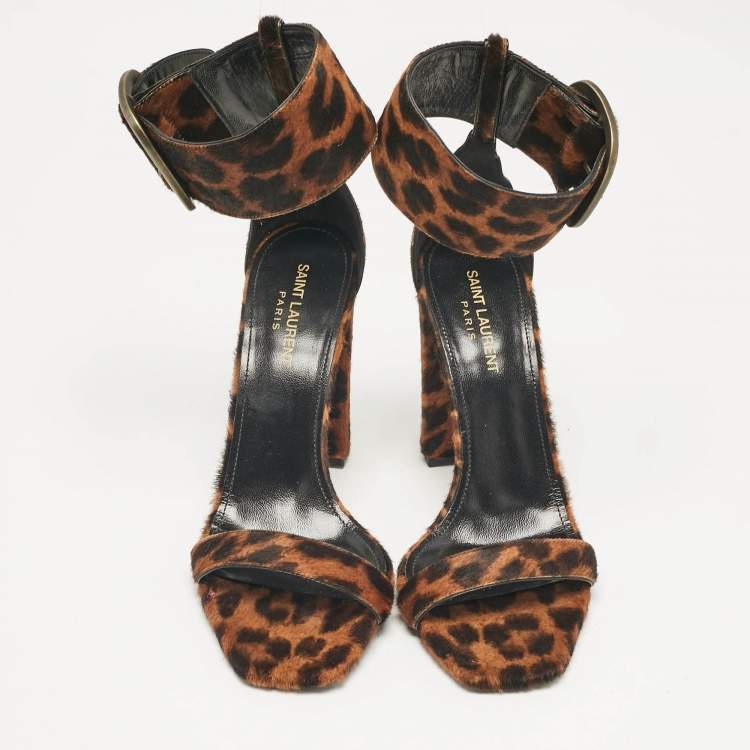 Pre Owned Saint Laurent Brown Leopard Print Calf Hair Ankle Strap Block Heel Sandals Size 39