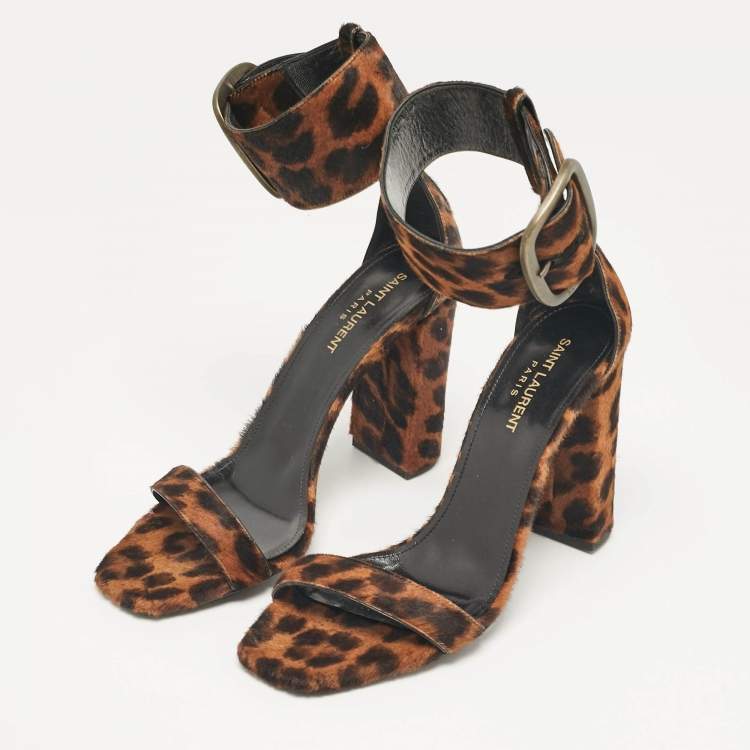 Pre Owned Saint Laurent Brown Leopard Print Calf Hair Ankle Strap Block Heel Sandals Size 39