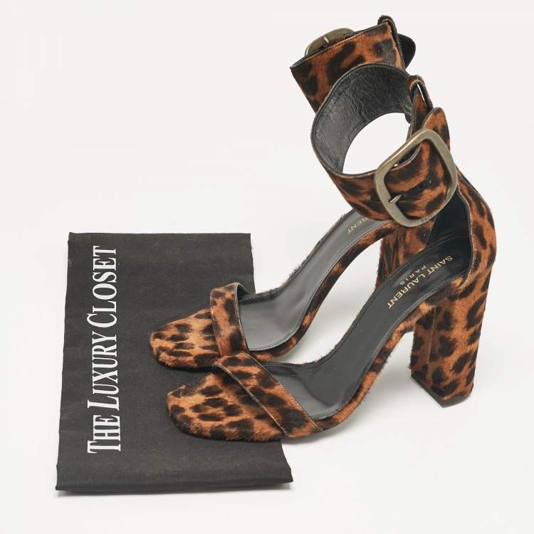 Pre Owned Saint Laurent Brown Leopard Print Calf Hair Ankle Strap Block Heel Sandals Size 39