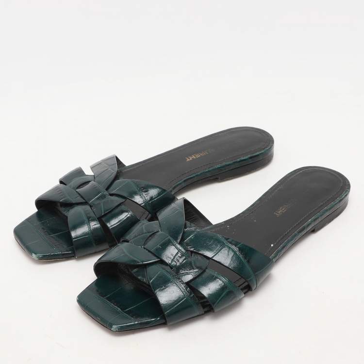 Pre Owned Saint Laurent Paris Green Croc Embossed Leather Tribute Slide Sandals Size 36.5