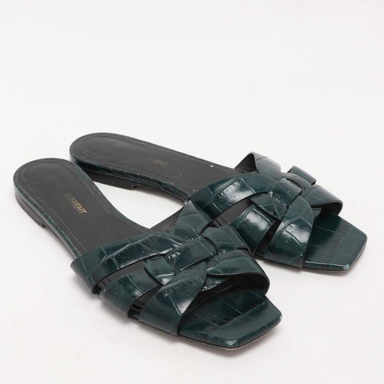 Pre Owned Saint Laurent Paris Green Croc Embossed Leather Tribute Slide Sandals Size 36.5