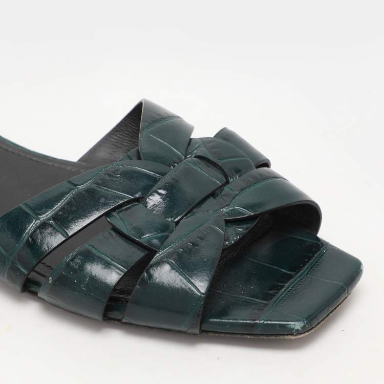 Pre Owned Saint Laurent Paris Green Croc Embossed Leather Tribute Slide Sandals Size 36.5