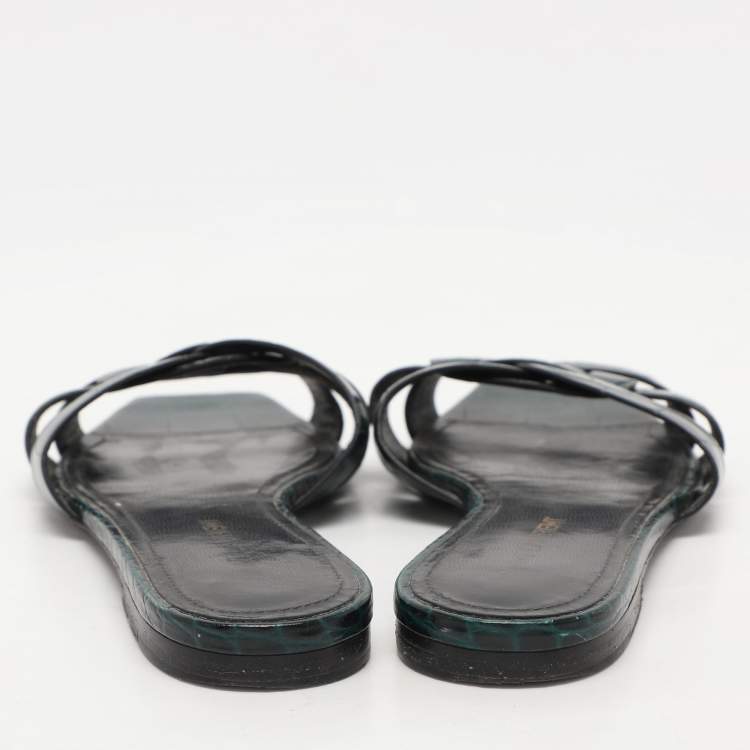 Pre Owned Saint Laurent Paris Green Croc Embossed Leather Tribute Slide Sandals Size 36.5