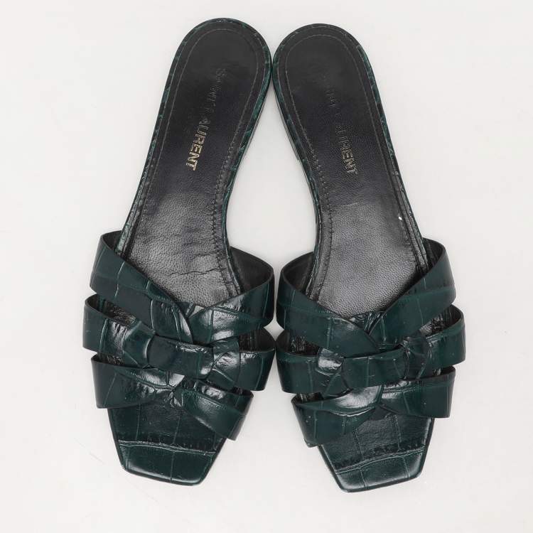 Pre Owned Saint Laurent Paris Green Croc Embossed Leather Tribute Slide Sandals Size 36.5