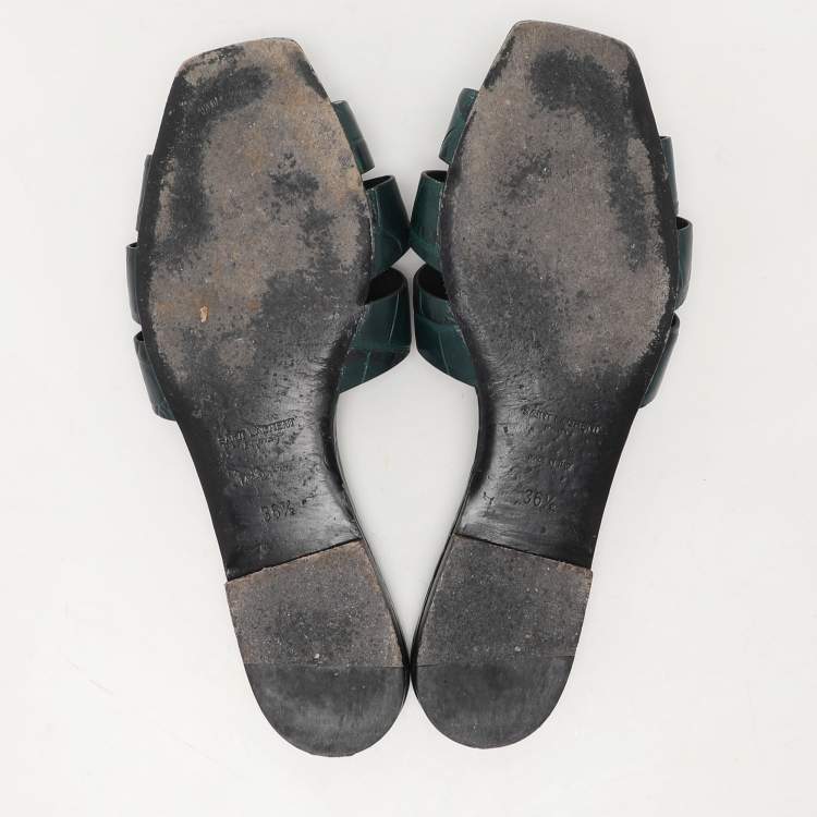 Pre Owned Saint Laurent Paris Green Croc Embossed Leather Tribute Slide Sandals Size 36.5