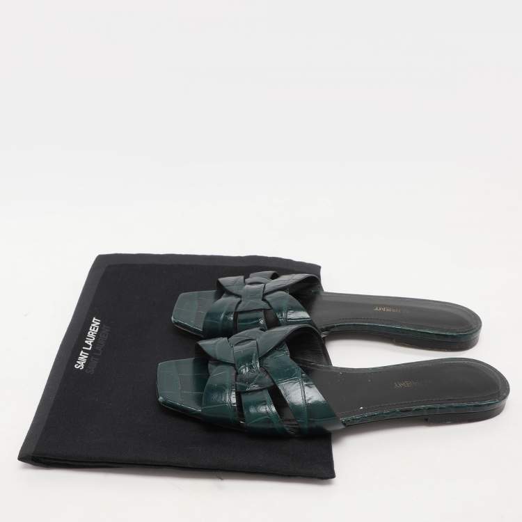 Pre Owned Saint Laurent Paris Green Croc Embossed Leather Tribute Slide Sandals Size 36.5
