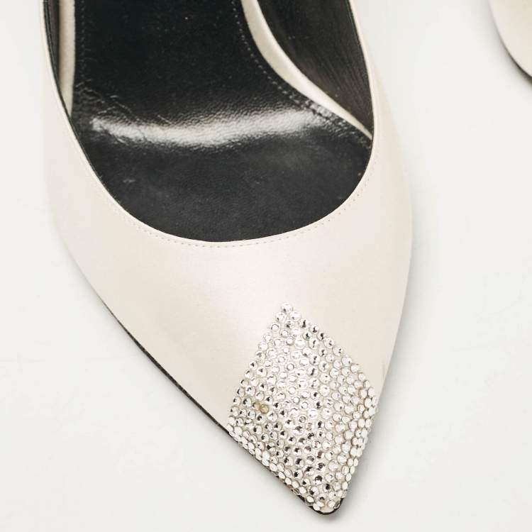 Pre Owned Saint Laurent Grey Satin Crystal Embellished Pointed Toe Pumps Size 39
