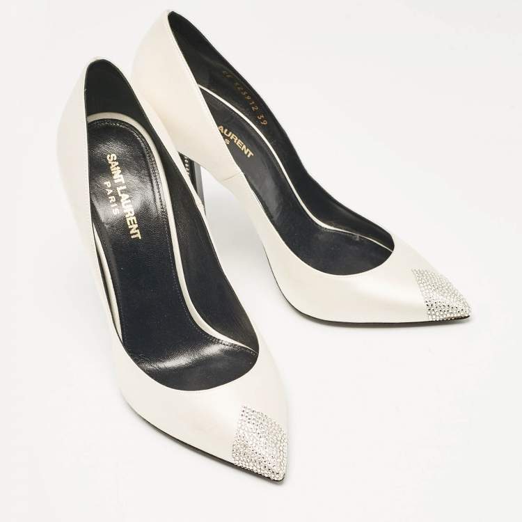 Pre Owned Saint Laurent Grey Satin Crystal Embellished Pointed Toe Pumps Size 39