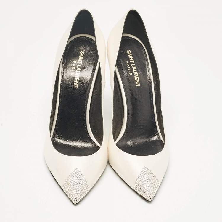 Pre Owned Saint Laurent Grey Satin Crystal Embellished Pointed Toe Pumps Size 39