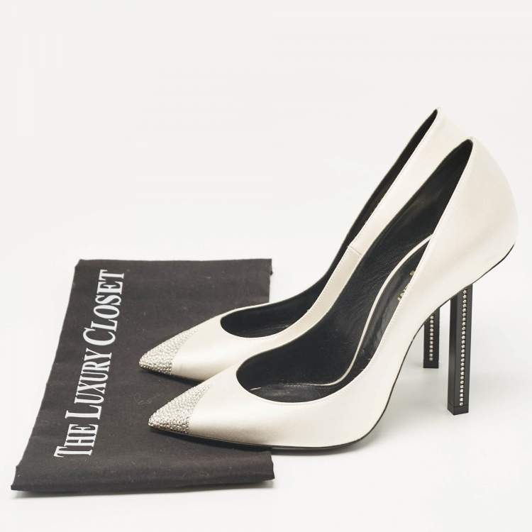 Pre Owned Saint Laurent Grey Satin Crystal Embellished Pointed Toe Pumps Size 39