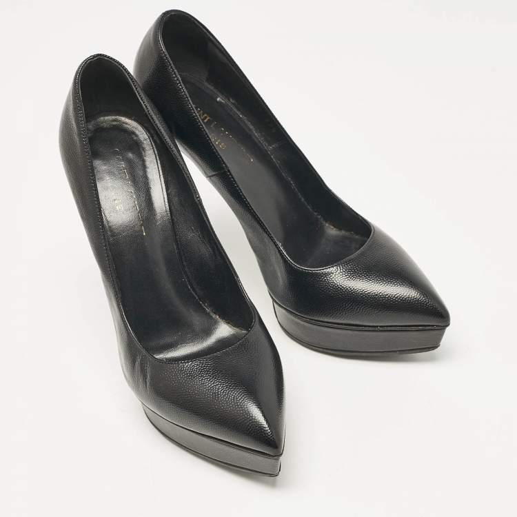Pre Owned Saint Laurent Black Leather Janis Pointed Toe Platform Pumps Size 37.5
