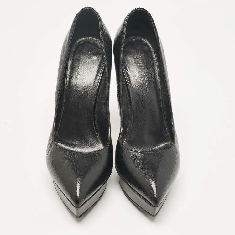 Pre Owned Saint Laurent Black Leather Janis Pointed Toe Platform Pumps Size 37.5