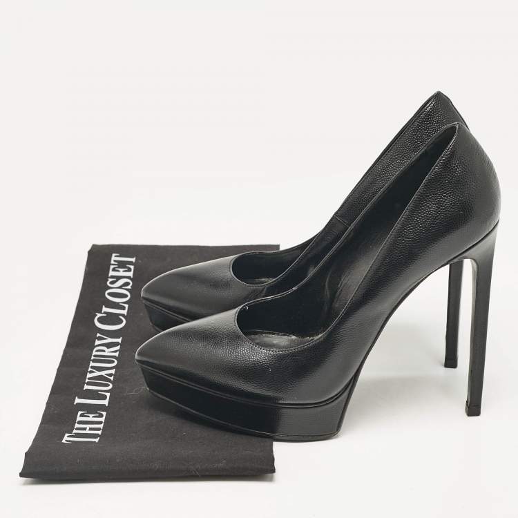 Pre Owned Saint Laurent Black Leather Janis Pointed Toe Platform Pumps Size 37.5