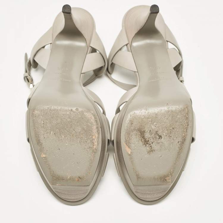 Pre Owned Saint Laurent Light Grey Leather Tribute Platform Sandals Size 40.5