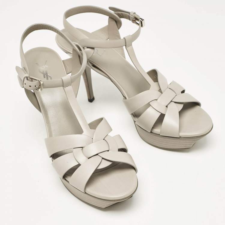 Pre Owned Saint Laurent Light Grey Leather Tribute Platform Sandals Size 40.5