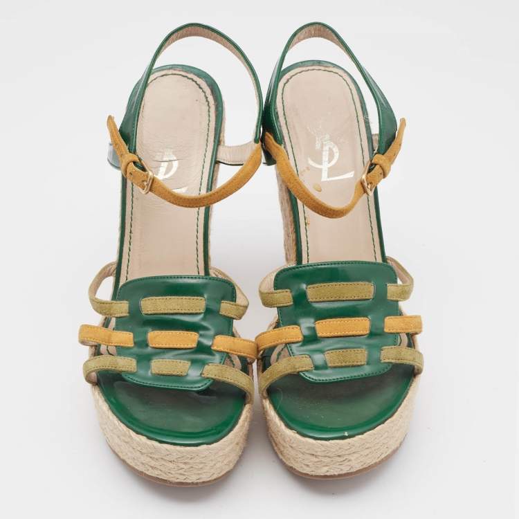 Pre Owned Saint Laurent Green Patent Leather and Suede Tribute Wedge Sandals Size 38.5