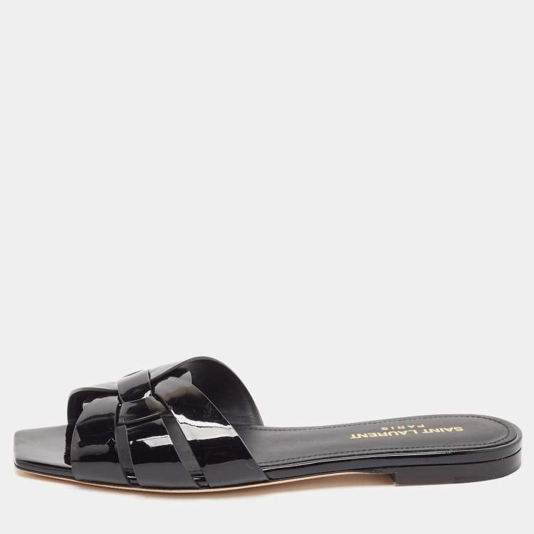 Pre Owned Saint Laurent Black Patent Leather Tribute Flat Slides Size 37
