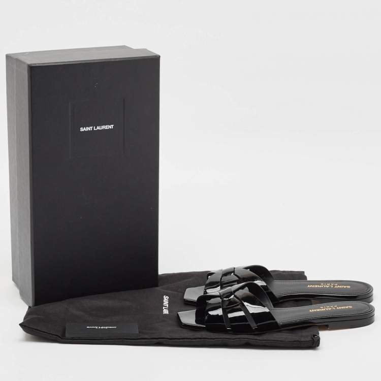 Pre Owned Saint Laurent Black Patent Leather Tribute Flat Slides Size 37