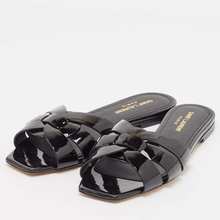 Pre Owned Saint Laurent Black Patent Leather Tribute Flat Slides Size 37