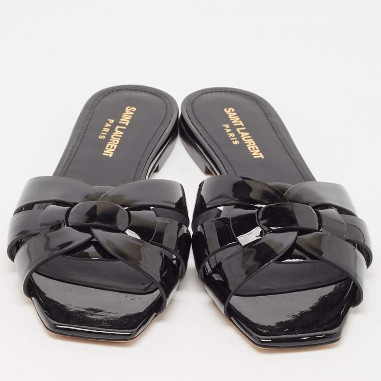Pre Owned Saint Laurent Black Patent Leather Tribute Flat Slides Size 37