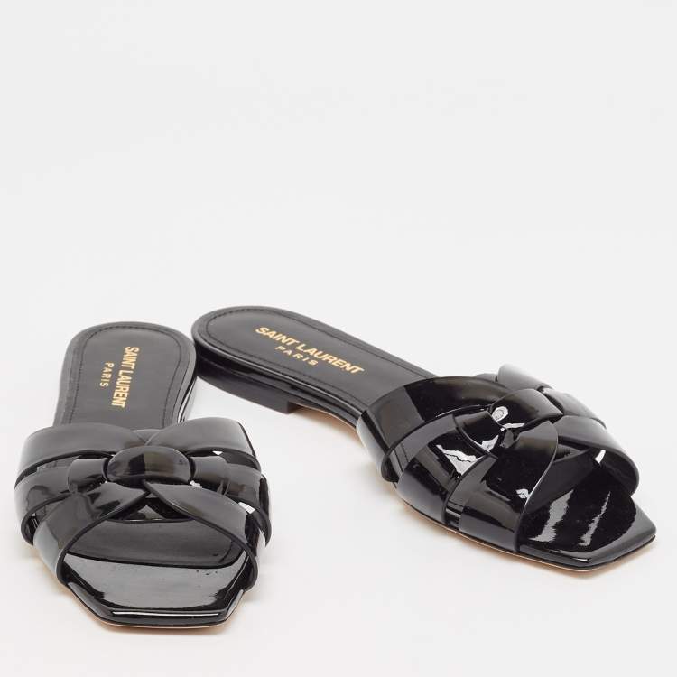 Pre Owned Saint Laurent Black Patent Leather Tribute Flat Slides Size 37