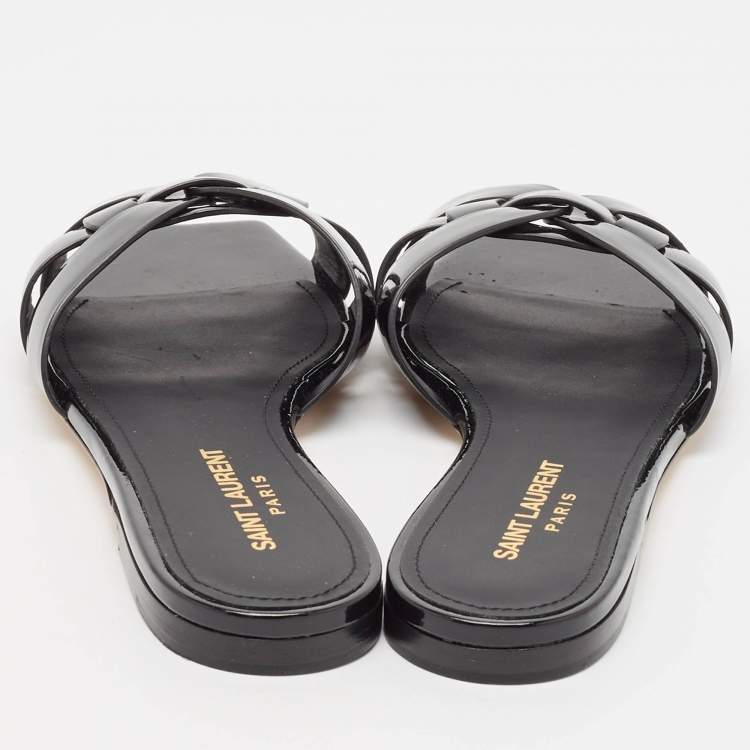 Pre Owned Saint Laurent Black Patent Leather Tribute Flat Slides Size 37