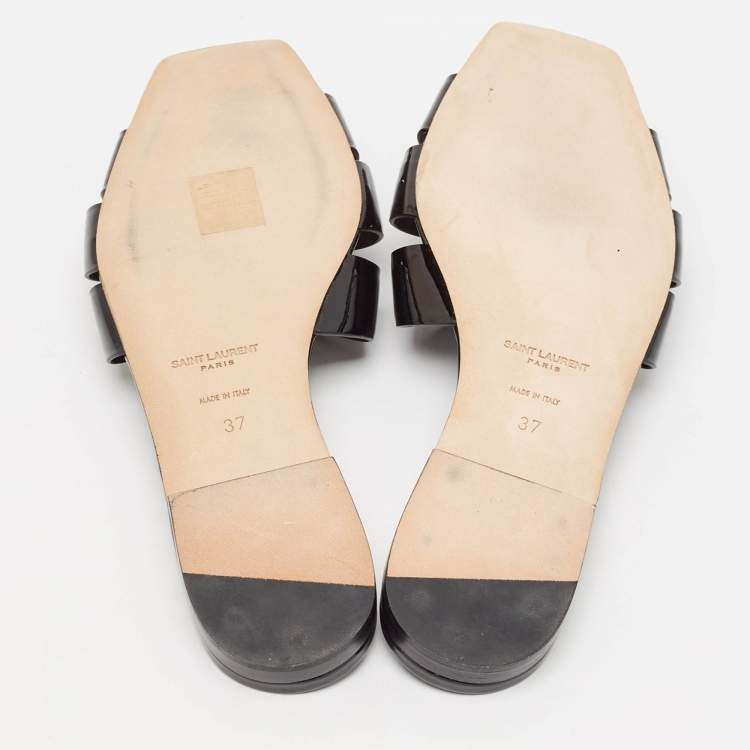 Pre Owned Saint Laurent Black Patent Leather Tribute Flat Slides Size 37