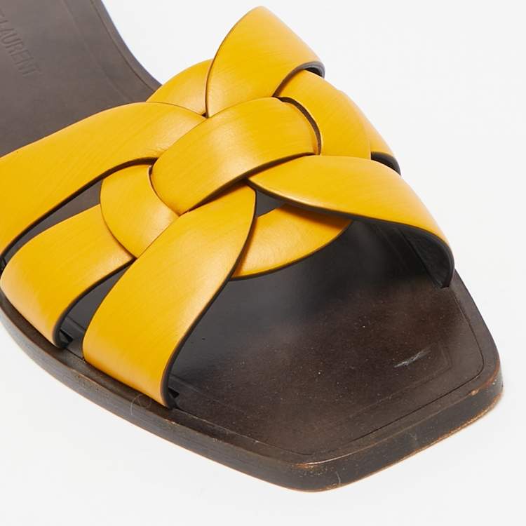 Pre Owned Saint Laurent Mustard Yellow Leather Tribute Flat Sandals Size 38