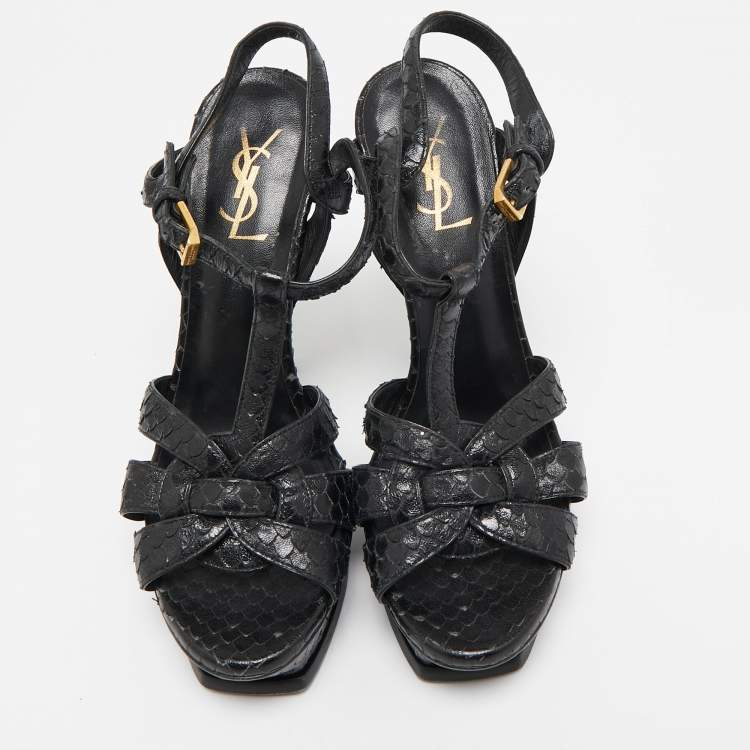 Pre Owned Saint Laurent Black Snakeskin Embossed Leather Tribute Platform Sandals Size 38