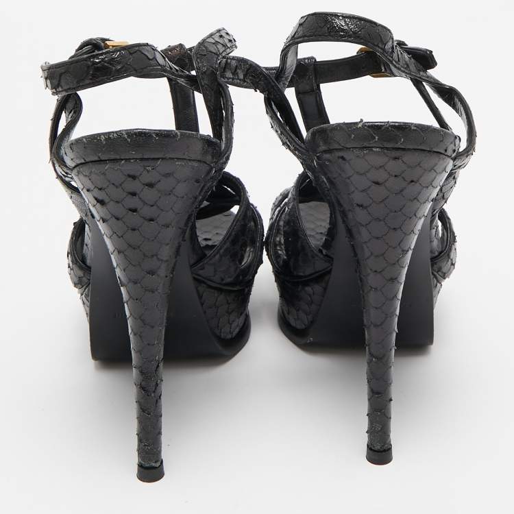 Pre Owned Saint Laurent Black Snakeskin Embossed Leather Tribute Platform Sandals Size 38