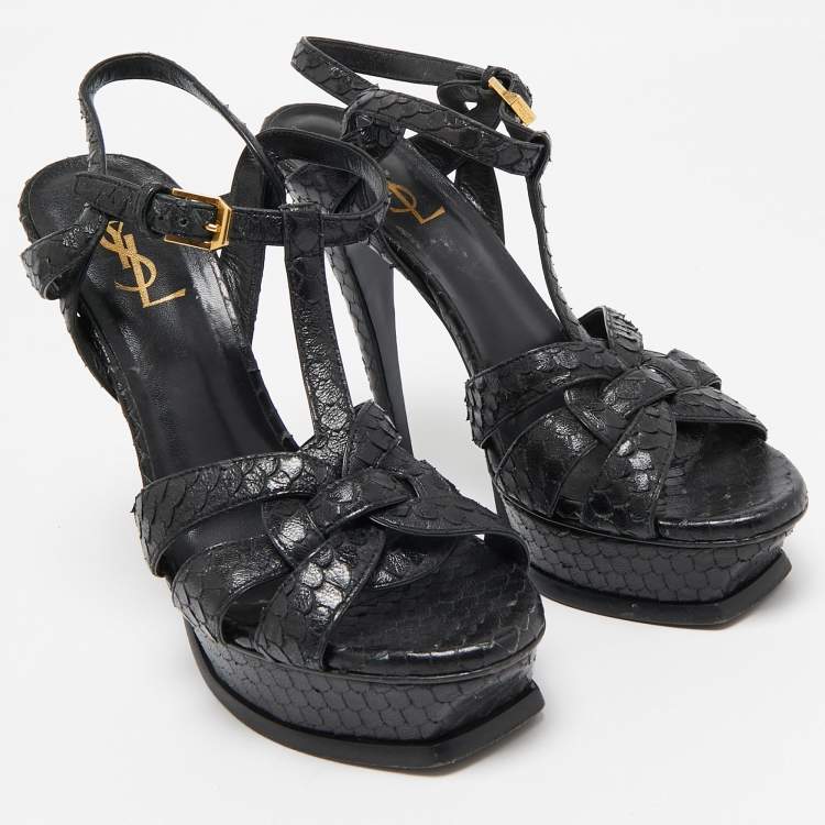 Pre Owned Saint Laurent Black Snakeskin Embossed Leather Tribute Platform Sandals Size 38
