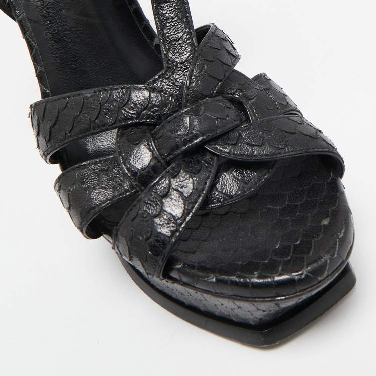 Pre Owned Saint Laurent Black Snakeskin Embossed Leather Tribute Platform Sandals Size 38