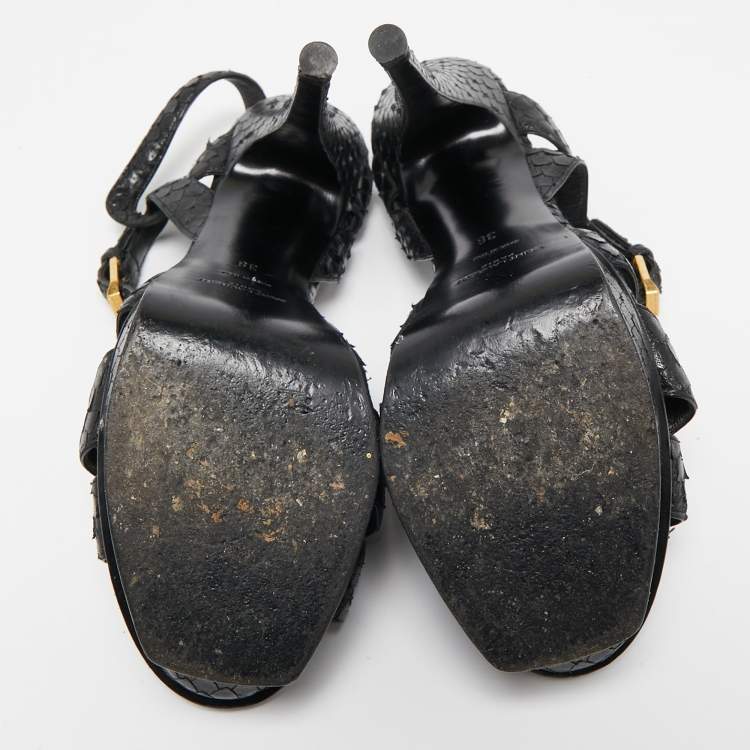 Pre Owned Saint Laurent Black Snakeskin Embossed Leather Tribute Platform Sandals Size 38