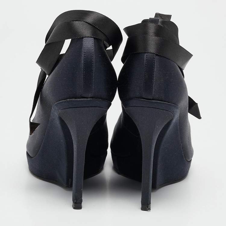 Pre Owned Saint Laurent Navy Blue Satin Open Toe Ankle Wrap Platform Pumps Size 37