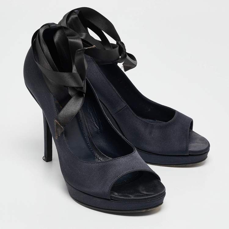 Pre Owned Saint Laurent Navy Blue Satin Open Toe Ankle Wrap Platform Pumps Size 37