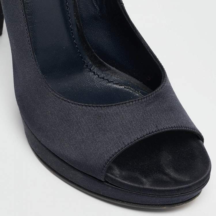 Pre Owned Saint Laurent Navy Blue Satin Open Toe Ankle Wrap Platform Pumps Size 37
