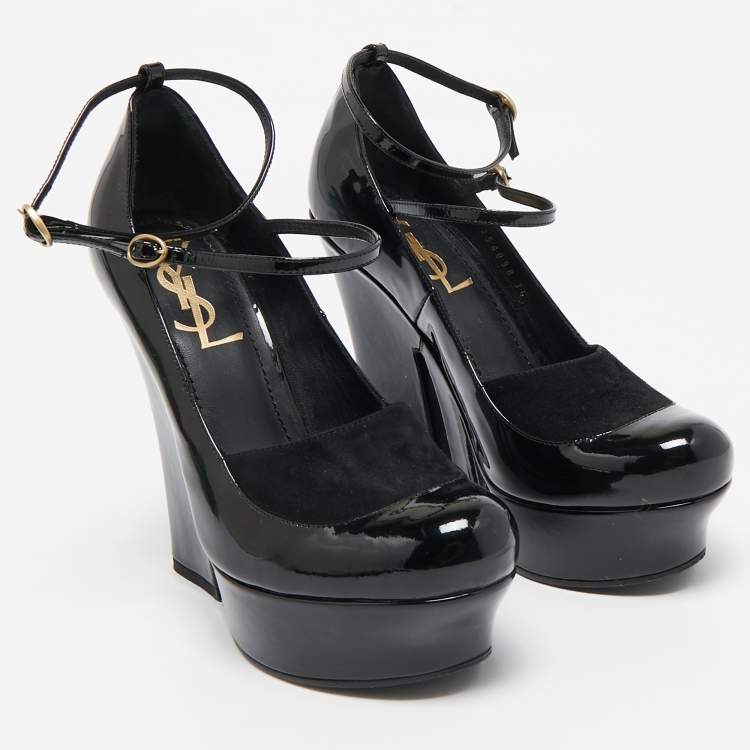 Pre Owned Saint Laurent Black Patent Leather Block Heel Pumps Size 36
