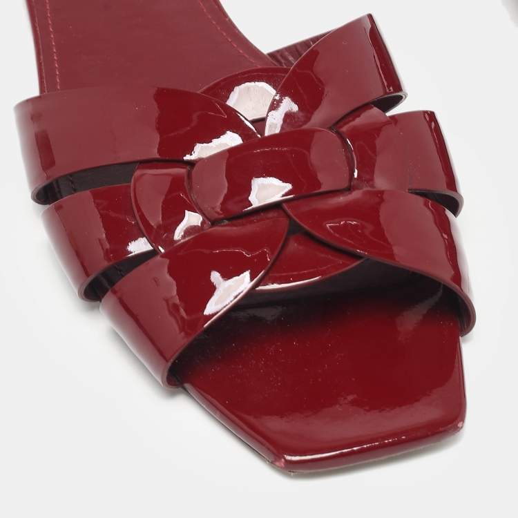 Pre Owned Saint Laurent Burgundy Patent Leather Tribute Flat Slides Size 40